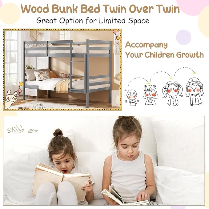 NAFORT Bunk Bed Twin Over Twin, Solid Wood Bunk Bed with Ladder and Safety Rails, Wooden Bed Frame for Kids Teens or Guests, Space-Saving Furniture for Bedroom Dorm, Gray