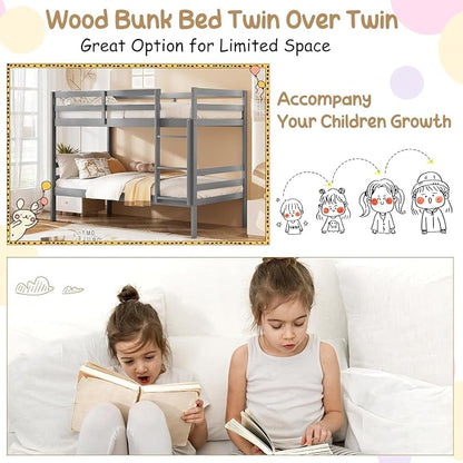 NAFORT Bunk Bed Twin Over Twin, Solid Wood Bunk Bed with Ladder and Safety Rails, Wooden Bed Frame for Kids Teens or Guests, Space-Saving Furniture for Bedroom Dorm, Gray