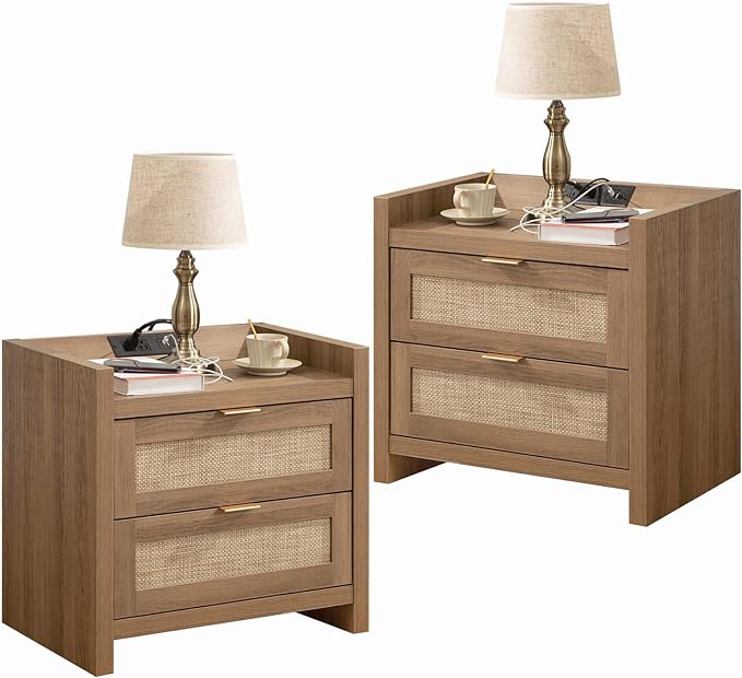 SICOTAS Bed Night Stand Set of 2 - Rattan Nightstands with Type-C Charging Station, 2 Storage Drawers - Boho Bedside Tables End Table for Small Space - Natural Oak