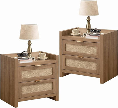 SICOTAS Bed Night Stand Set of 2 - Rattan Nightstands with Type-C Charging Station, 2 Storage Drawers - Boho Bedside Tables End Table for Small Space - Natural Oak