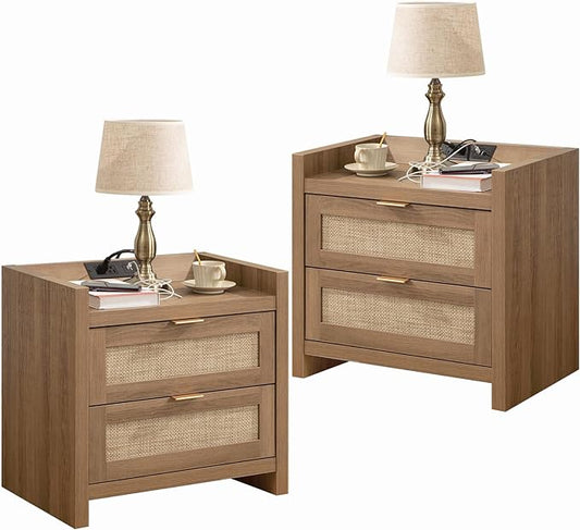 SICOTAS Bed Night Stand Set of 2 - Rattan Nightstands with Type-C Charging Station, 2 Storage Drawers - Boho Bedside Tables End Table for Small Space - Natural Oak