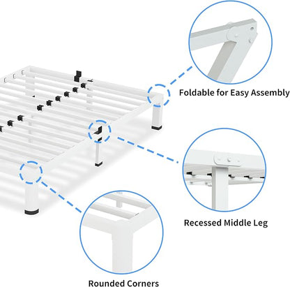 VIPSHOW 7 Inch White Queen Bed Frame, 3500Lbs Heavy Duty Metal Platform with Round Corner Legs Mattress Slide Stopper, Steel Slat Support No Box Spring Needed, Noise Free, Non-Slip, Easy Assembly