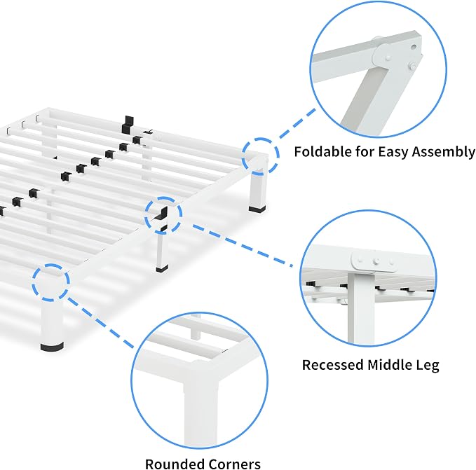 VIPSHOW 10 Inch White Queen Bed Frame, 3500Lbs Heavy Duty Metal Platform with Round Corner Legs Mattress Slide Stopper, Steel Slat Support No Box Spring Needed, Noise Free, Non-Slip, Easy Assembly