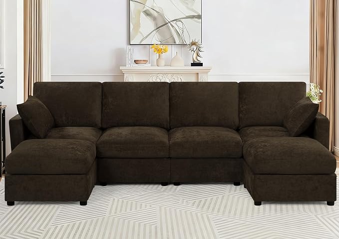 110” Chenille 4-Seats Sofa W/Two Movable Ottomans, Brown | Modern Fabric U-Shaped Couch w/Soft Backrests, Upholstered Sectional Sofa w/Arm Pillows for Living Room, Office