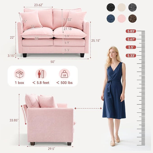 Loveseat Sofa Couch 2 Piece Set, Small Compact 50" Love Seat 27" Deep Cloud Sofa Set Washable Chenille Pillow Living Room Set for Apartment Office 8833-PINK-2+2