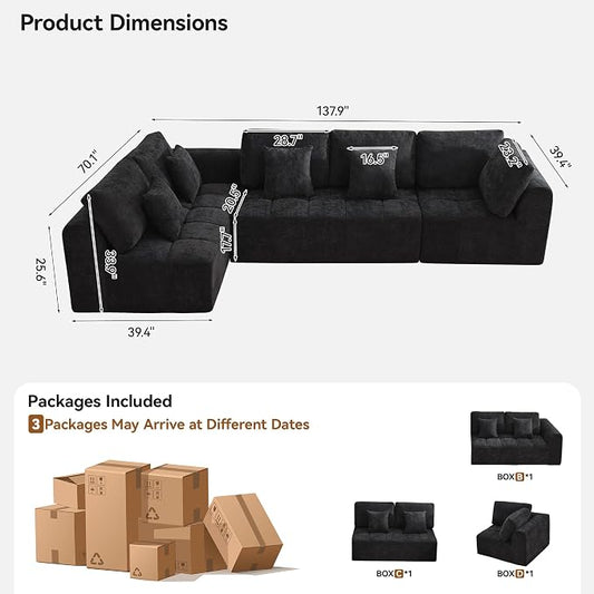 140''Modular Sectional Couches for Living Room, Cloud Boneless Compressed Sectional Sofa, Oversized L Shaped 5 Seater Upholstered Memory Foam Sofa, No Assembly, Chenille Black