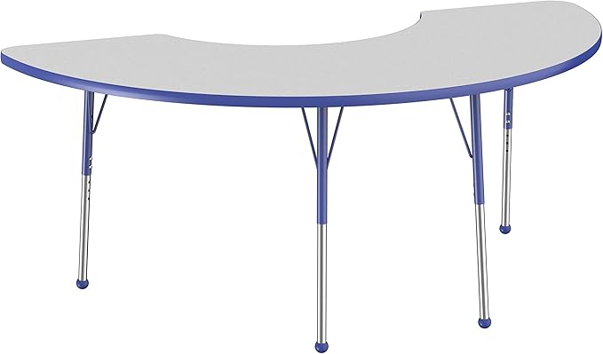 FDP Half Moon Activity School and Office Table (36 x 72 inch), Standard Legs with Ball Glides for Collaborative Seating Environments, Adjustable Height 19-30 inches - Gray Top and Blue Edge