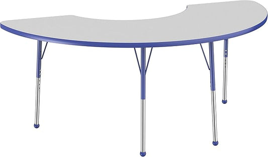 FDP Half Moon Activity School and Office Table (36 x 72 inch), Standard Legs with Ball Glides for Collaborative Seating Environments, Adjustable Height 19-30 inches - Gray Top and Blue Edge
