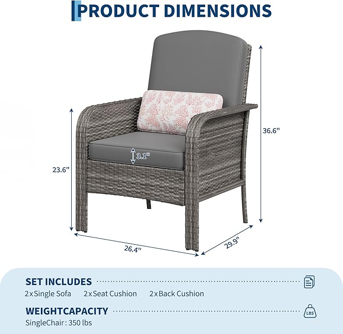 Garvee Outdoor Wicker Chairs,2 Pieces Patio Furniture Set,All Weather High Back Rattan Chairs with High Back&Deep Seating for Deck Porch Balcony Backyard Garden,Grey Rattan & Grey Cushion