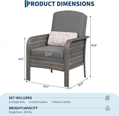 Garvee Outdoor Wicker Chairs,2 Pieces Patio Furniture Set,All Weather High Back Rattan Chairs with High Back&Deep Seating for Deck Porch Balcony Backyard Garden,Grey Rattan & Grey Cushion