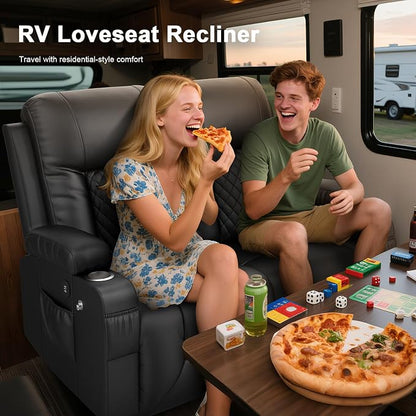 RV Loveseat Recliner Sofa, Reclining Loveseat Wall Hugger Recliners with USB Ports, Cup Holders, Insert Pockets, RV Recliners for Travel Trailers & Living Room, RV Furniture | RV Couch | Black