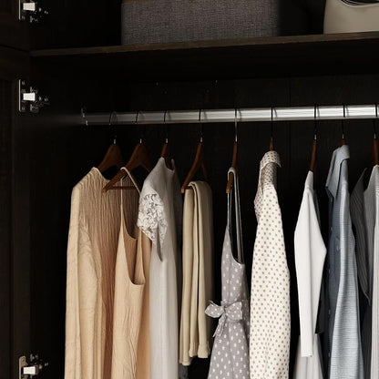 Wardrobe Closet with Mirror, 3 Door Wardrobe with 4 Drawers, Shelves, Hanging Rod, Modern Bedroom Armoire with Gold Handles, Brown Clothes Cabinet, 20.5”D x 47”W x 86.7”H