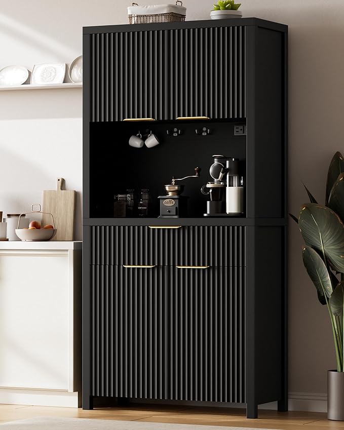 Lulive 71" Fluted Pantry Cabinet with Charging Station, Black | Adjustable Shelves, Open Countertop, Drawer, Spacious Kitchen Storage
