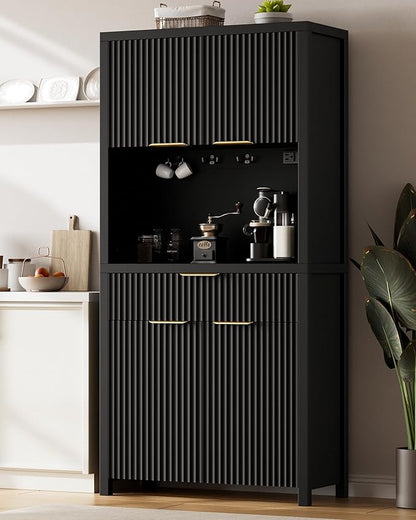 Lulive 71" Fluted Pantry Cabinet with Charging Station, Black | Adjustable Shelves, Open Countertop, Drawer, Spacious Kitchen Storage
