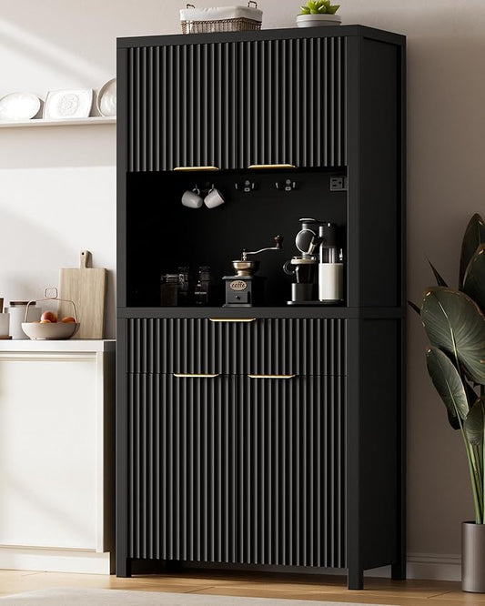Lulive 71" Fluted Pantry Cabinet with Charging Station, Black | Adjustable Shelves, Open Countertop, Drawer, Spacious Kitchen Storage