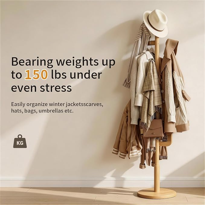 Coat Rack,Solid Wood Cactus Freestanding Coat RackWith 6 L-Shaped Hooks and 3 Adjustable Sizes,Coat Tree for Bedroom, Entryway, Livingroom, Coat Hanger Stand for Coats, Handbags (Natural)