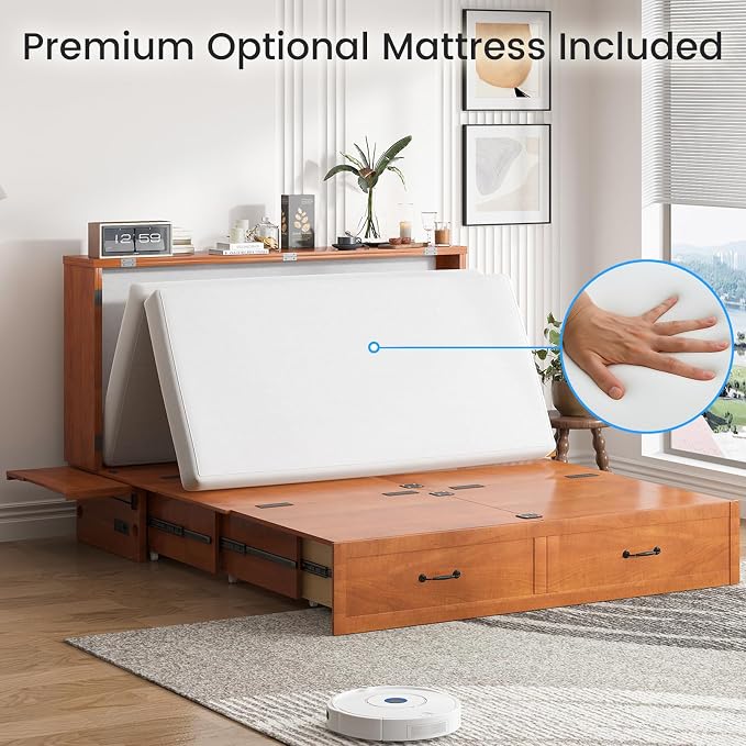 PUREMIND Queen Murphy Bed with Mattress Included, Solid Wood Cabinet Bed with Storage Drawer, USB Charging Ports and Folding Tray, Space Saving Hideaway Murphy Beds Cabinet for Guest Room