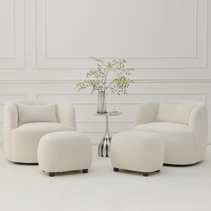 KINWELL 34" Wide 2 Boucle Swivel Barrel Chairs and 2 Ottomans Set, Fully Assembled Sherpa Accent Chairs and Footrest Set, Modern Comfy Armchairs and Footstool for Living Room and Bedroom, Beige
