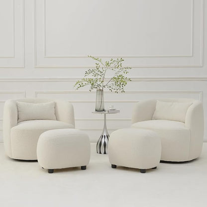 KINWELL 34" Wide 2 Boucle Swivel Barrel Chairs and 2 Ottomans Set, Fully Assembled Sherpa Accent Chairs and Footrest Set, Modern Comfy Armchairs and Footstool for Living Room and Bedroom, Beige
