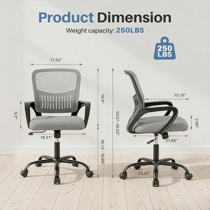 DUMOS Home Office Chair - Ergonomic Mid Back Mesh Desk Chair with Lumbar Support & Rocking Mode, Height Adjustable, Fixed Armrest, for Conference, Computer, 360° Swivel, Adults, Grey