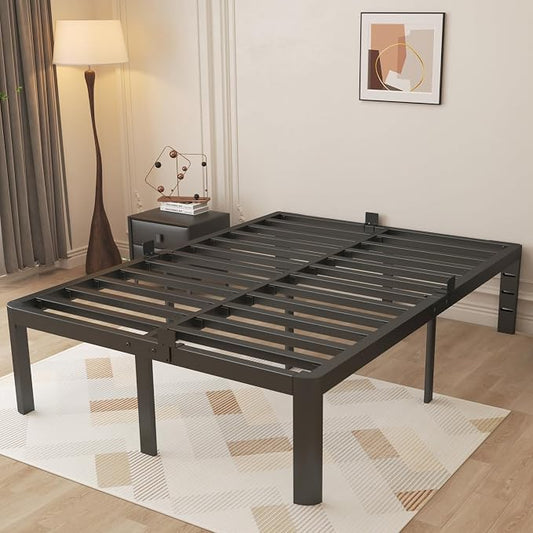 16 Inch Black Bed Frame Queen Size, Metal Platform Queen Bed Frame with Anti-Slip Baffles, No Box Spring Needed, Heavy Duty Steel Platform Support, Round Corner Design, Storage Space, Noiseless