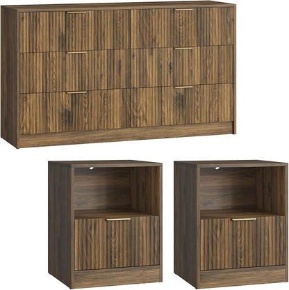 6 Drawer Dresser & Nightstand Set 3-Piece, 55” Wide Bedroom Set Night Stand Set of 2 with Metal Handle, Fluted Modern Wood Chest of Drawers Storage Dressers Set for Bedroom, Walnut