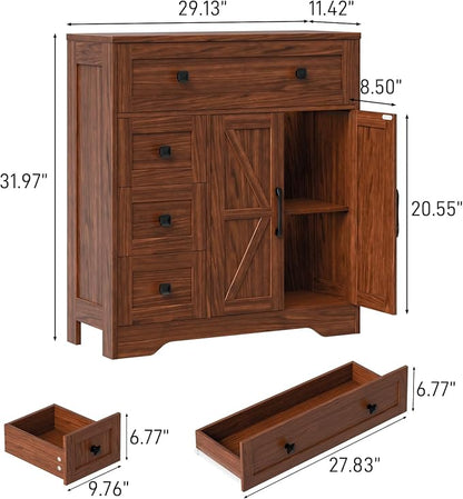 Vabches Farmhouse Storage Cabinet with 2 Doors and 4 Drawers, Freestanding Bathroom Storage Cabinet Kitchen Pantry, Floor Hutch Cupboard for Living Room/Bathroom/Kitchen,Walnut