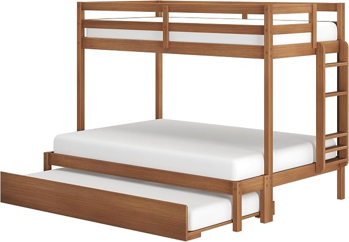 Grain & Grove Bear Twin Over Full Bunk Bed with Trundle Bed, Sturdy Bunk Bed Frame for Kids, Plywood Bunk with Ladder, Guardrail, and Slats, No Box Spring Required, Oak Embossed Pecan