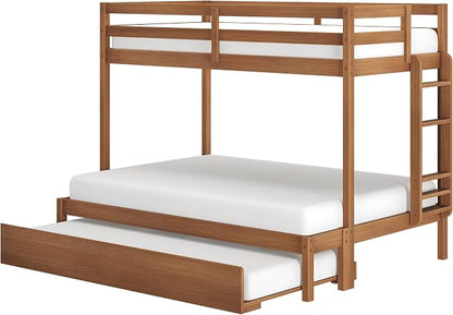 Grain & Grove Bear Twin Over Full Bunk Bed with Trundle Bed, Sturdy Bunk Bed Frame for Kids, Plywood Bunk with Ladder, Guardrail, and Slats, No Box Spring Required, Oak Embossed Pecan