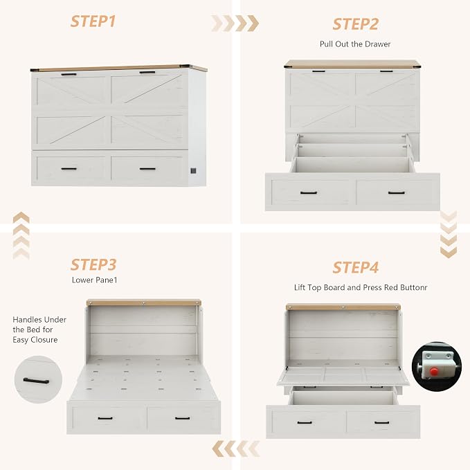 Bellemave Queen Size Murphy Bed, Cabinet Bed with Charging Station and Storage, Farmhouse Murphy Cabinet with Foldable Panel, Noisy Free, for Guest Bedroom, Living Room, Office, White