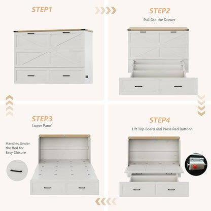 Bellemave Queen Size Murphy Bed, Cabinet Bed with Charging Station and Storage, Farmhouse Murphy Cabinet with Foldable Panel, Noisy Free, for Guest Bedroom, Living Room, Office, White