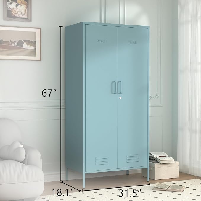 Industrial 67" Blue Lockable Metal 2-Door Storage Cabinet, Multi-Purpose Wardrobe with Hanging Rod & Adjustable Shelves, Heavy Duty for Bedroom, Garage, Home Office 67" H X 31.5" W X 18.1" D