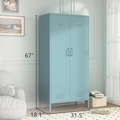 Industrial 67" Blue Lockable Metal 2-Door Storage Cabinet, Multi-Purpose Wardrobe with Hanging Rod & Adjustable Shelves, Heavy Duty for Bedroom, Garage, Home Office 67" H X 31.5" W X 18.1" D