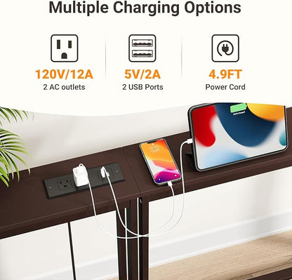 ELYKEN Bamboo Narrow Console Table with Charging Station, 2 Pack Slim Sofa Table Behind Couch, Entryway Table with Outlets for Living Room, Hallway, 5.9 x 39.4 x 31.1in, Brown