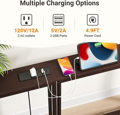 ELYKEN Bamboo Narrow Console Table with Charging Station, Slim Sofa Table Behind Couch, Entryway Table with Outlets for Living Room, Hallway, 5.9 x 39.4 x 31.1in, Brown