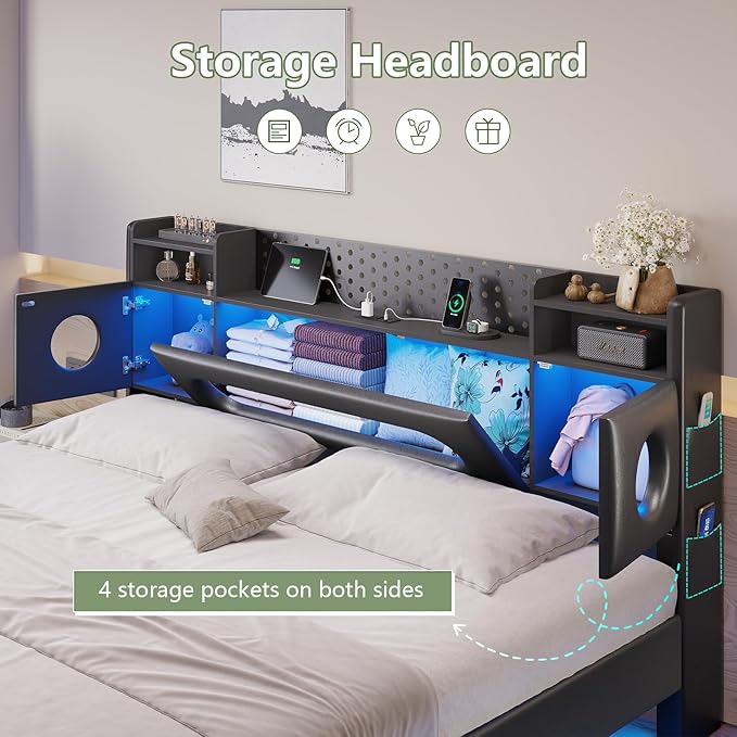 Dnxao Floating Bed Frame Queen with Headboard Storage& LED Lights, PU Black | Modern Metal Platform Bed with USB & Type C Charging Station and Hidden Storage, Metal Support, No Box Spring Needed