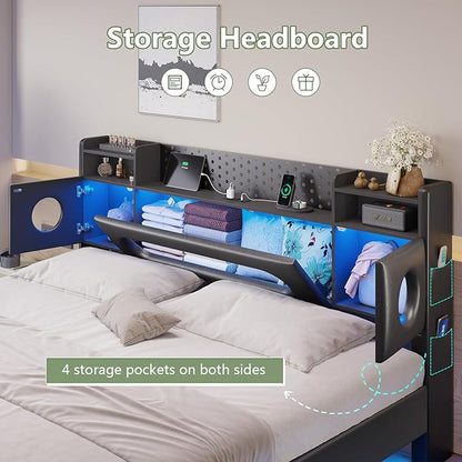 Dnxao Floating Bed Frame Queen with Headboard Storage& LED Lights, PU Black | Modern Metal Platform Bed with USB & Type C Charging Station and Hidden Storage, Metal Support, No Box Spring Needed