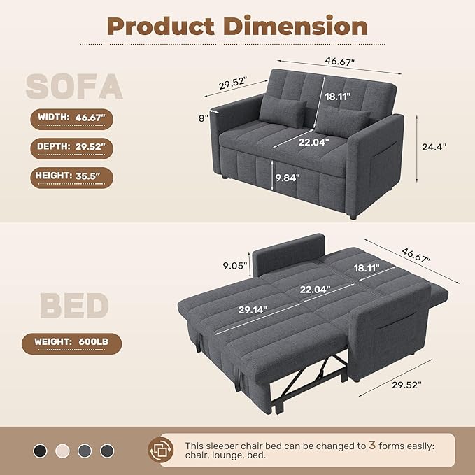 Nebuaegis Sleeper Sofa Bed,3-in-1 Convertible Pull Out Couch with Adjustable Backrest for Living Room,Loveseat Sofa Bed with Side Pockets,Easy Assembly,Light Gray,1 PCS
