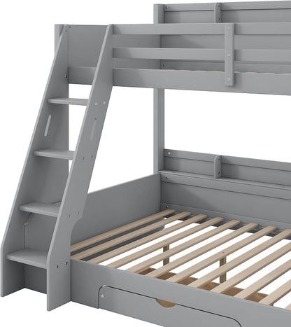 RUNNA Twin Over Full Bunk Bed with Storage Shelves,LED Grey/LED | Charging Station, a Drawer Solid Wood Bunk Bed for Kids, Teens, Adults