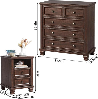 SAVOR LIFE Farmhouse Dresser and Nightstand Sets of 3, 5 Drawer Dresser & 2 Drawer Nightstand, Rustic Brown Bedroom Furniture Set for Home, Bedroom, Hallway, Walnut