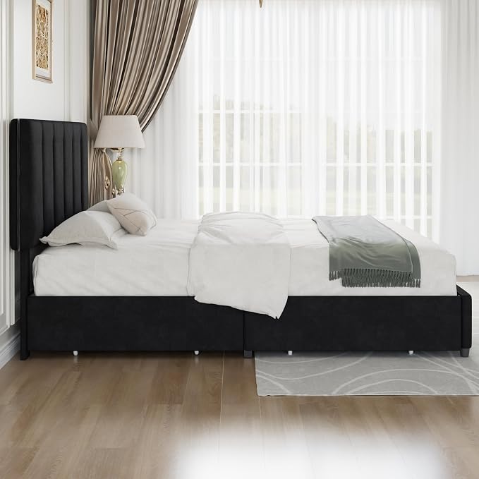 VECELO Full Size Bed Frame with 4 Storage Drawers, Adjustable Height Headboard, Heavy-Duty Platform Bedframe with Strong Wooden Slats, No Box Spring Needed, Black
