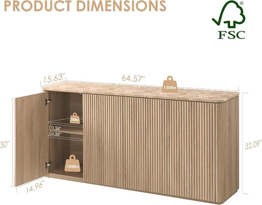 Fluted 4 Doors Sideboard Cabinet with Storage, 64" Wooden Credenza with Shelves, Faux Marble-Top Coffee Bar Console Table, Modern Buffet Cabinet for Dining, Kitchen, Living Room, Entryway, Natural Oak