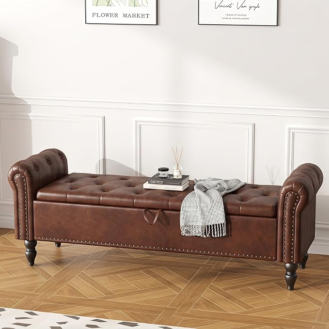 Furniliving 63” End of Bed Storage Bench, Bedroom Bench with Button-Tufted, Upholstered Storage Ottoman Benches Window Bench with Storage, Leather Bench for Living Room, Entryway, PU, Darkbrown