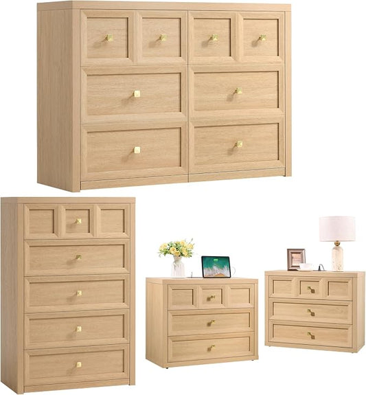 4 Piece Bedroom Set - Includes 6 Drawer Dresser, 5 Drawer Wood Dresser and 3 Drawer King Size Nightstands Set of 2 with Charging Station, 4 Piece Farmhouse Dresser and Nightstand Sets,Natural