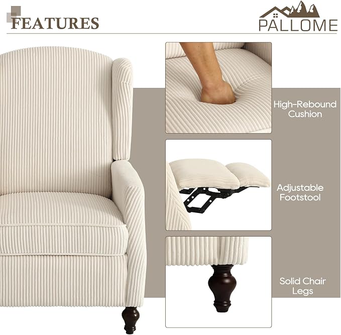 Upholstered Wingback Recliner Chair, Cozy Corduroy Manual Push Back Recliner for Living Room, Bedroom (2, Beige)