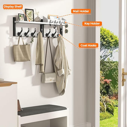 Evermagin 29" Coat Rack Wall Mount with Shelf, 4 in 1 Coat and Key Hanger with 11 Metal Hooks, Entryway Wall Mounted Shelf with Mail Holder for Living Room, Bedroom, White