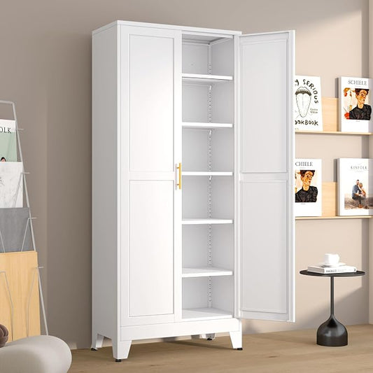 Metal Pantry Cabinet with 2 Doors and 5 Adjustable Shelves, 75"Kitchen Storage cabinets with Gold Handles, Versatile Storage for Laundry Room, Living Room, Bathroom, Dinning Room, Utility Room-White