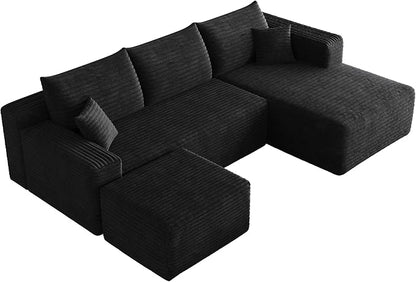 95" Cloud Boneless Sectional Sofa Couch with Chaise Lounge and Ottoman, Modern Corduroy Right Facing Modular Sectional Sofa Compressed Corner Couch with Deep Seat, No Assembly Required