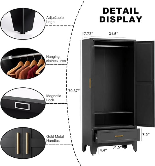 71" H Metal Armoire Wardrobe Closet with Drawers, Black Wardrobe Closet with Doors and Shelves,Tall Wardrobe Closet for Bedroom