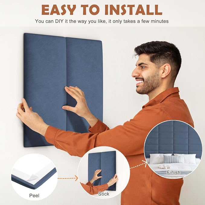 IFNOW Wall Mounted Upholstered Headboard Queen, 3D Peel and Stick Soundproof Panels, Reusable and Removable Padded Leather Bed Headboard, 9 Panels 9.84" x 23.62", Navy Blue